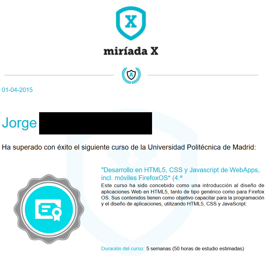 Certificado de MiriadaX para el curso de desarrollo web