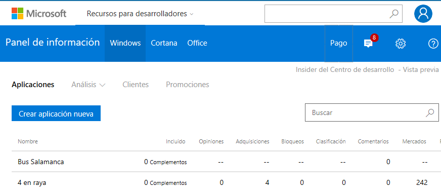 Panel de la Windows Store para la reserva de nombres y la visualizaición de los datos
