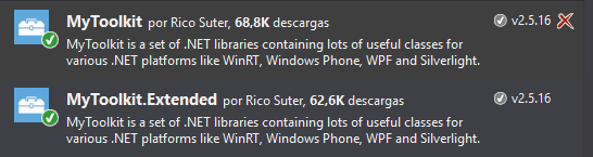 Desde el administrador de paquetes de NuGet instalamos la biblioteca myToolkit