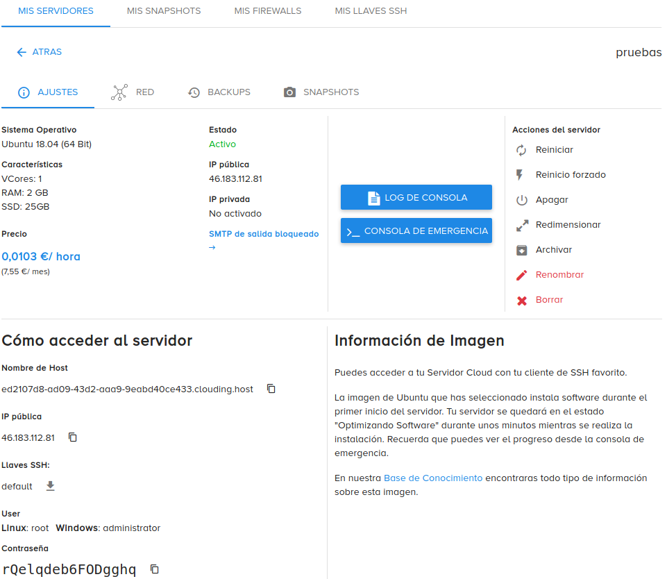 Ajustes del servidor de clouding