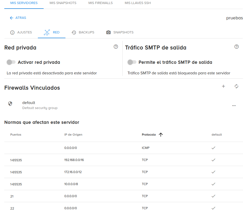 Configuración de red en el hosting clouding.io